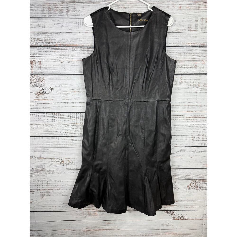 Calvin Klein Faux Leather Dress 12 Fitted Black Career Event Edgy Vegan Office